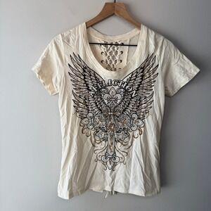 Affliction Women's Opus Crew Neck T-shirt Winged Cross Graphic Lace Back Medium